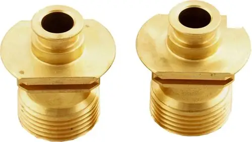 Zwei schraubbare Anschlüsse aus Messing für hydraulische Anwendungen, gefertigt von Wolf, mit einem gewellten Ende zur Befestigung.